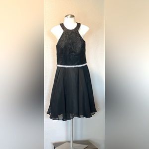 Teenager sleeveless/ halter black dress with sparkly belt